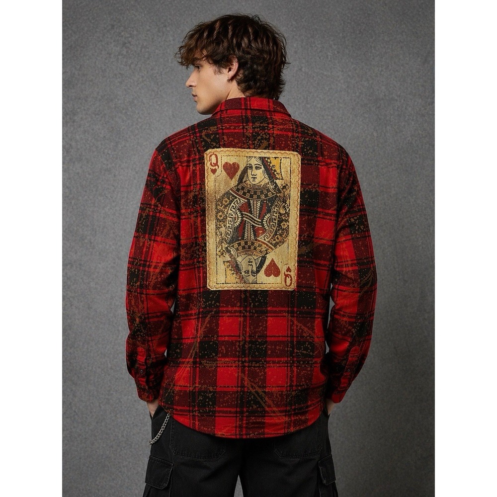 Angry Minnow Red Plaid Flannel Shirt Mens XXL Queen of Hearts Grunge Graphic